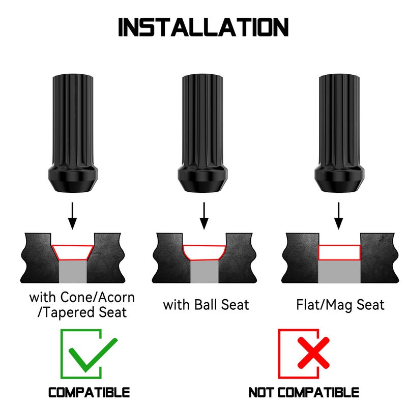 FLYCLE M14x1.5 Wheel Lug Nuts, 32pcs Black 14mmx1.5 Spline Lug Nut 2 Inch Tall with 1 Socket Key Compatible for Silverado Suburban Express Sierra Ram 2500 3500 F250 F350 8 Lug Aftermarket Wheels - Image 3
